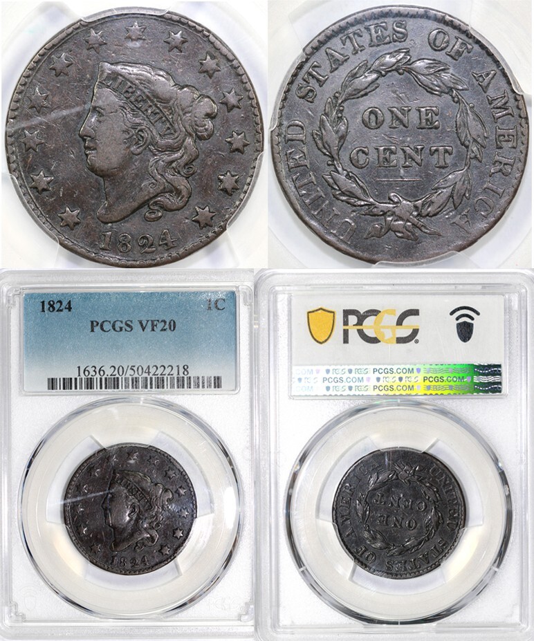 1824 1c Matron Head Large Cent PCGS VF 20