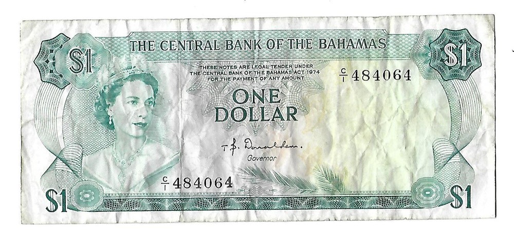 1974,  BAHAMAS 1 DOLLAR BANKNOTE, CIRCULATED
