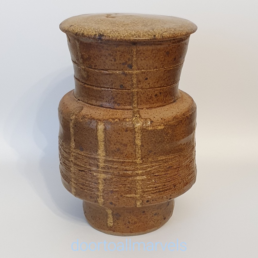 Vintage MCM Earthenware Covered Jar Ash Glaze Threaded 6.5"H Signed