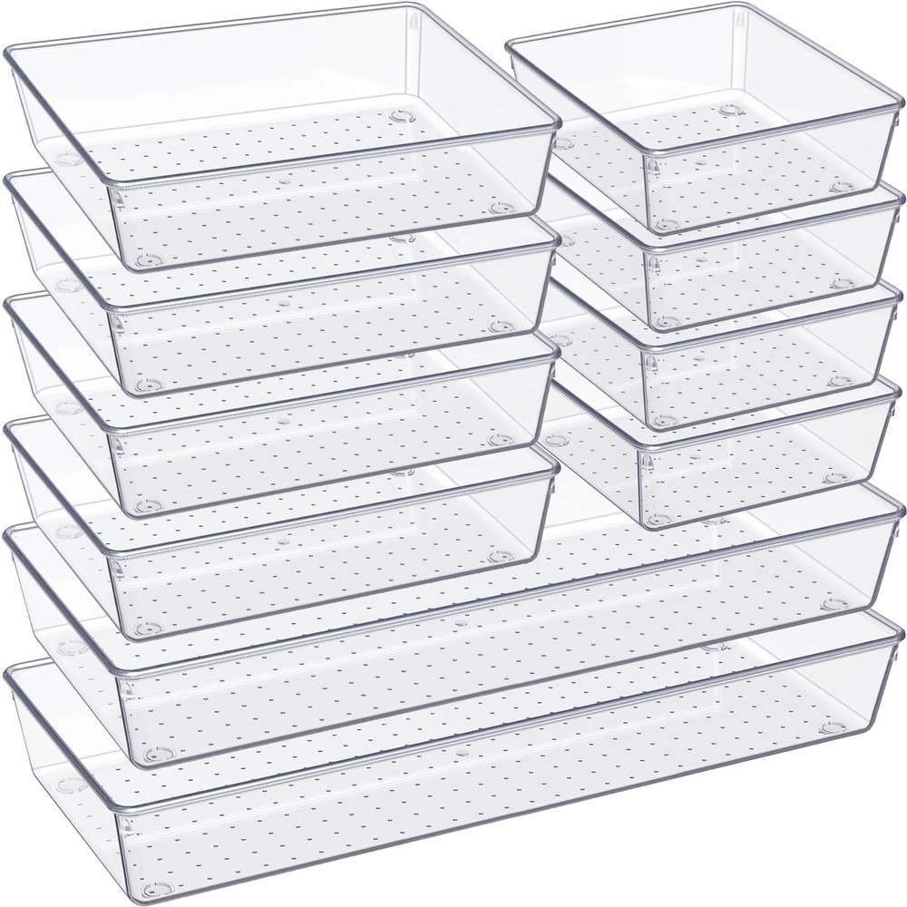 Drawer Organizer, 10 Pack Large Clear Plastic Set, 3 Size Versatile Bathroom ...