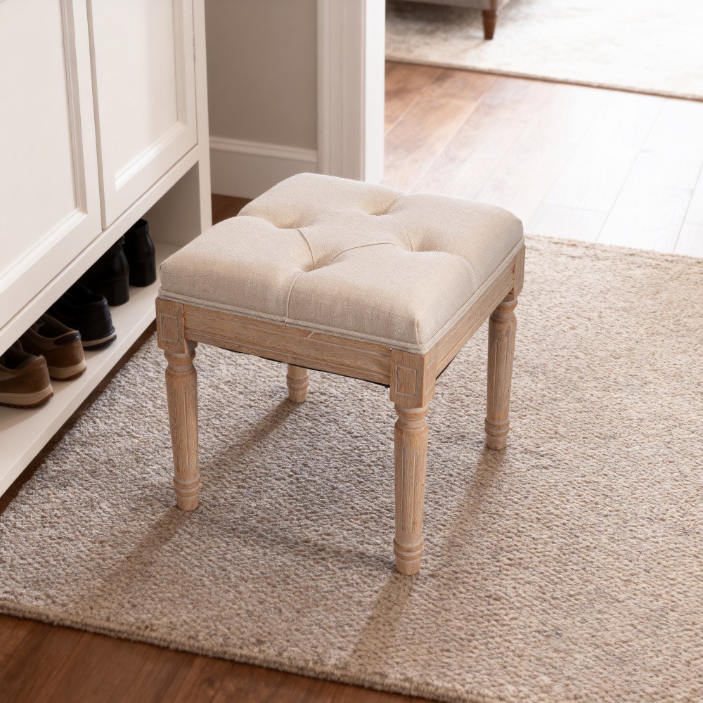 Beige Small Padded Bench Solid Wood Rattan Upholstered Vanity Stool