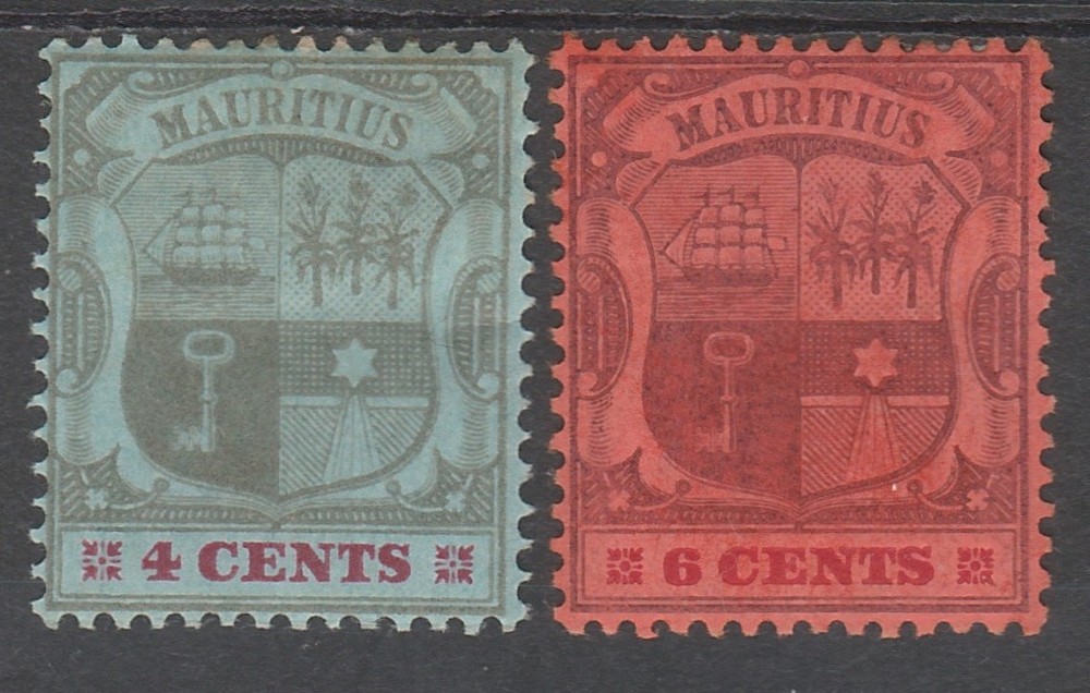 MAURITIUS 1904 ARMS 4C AND 6C WMK MULTI CROWN CA