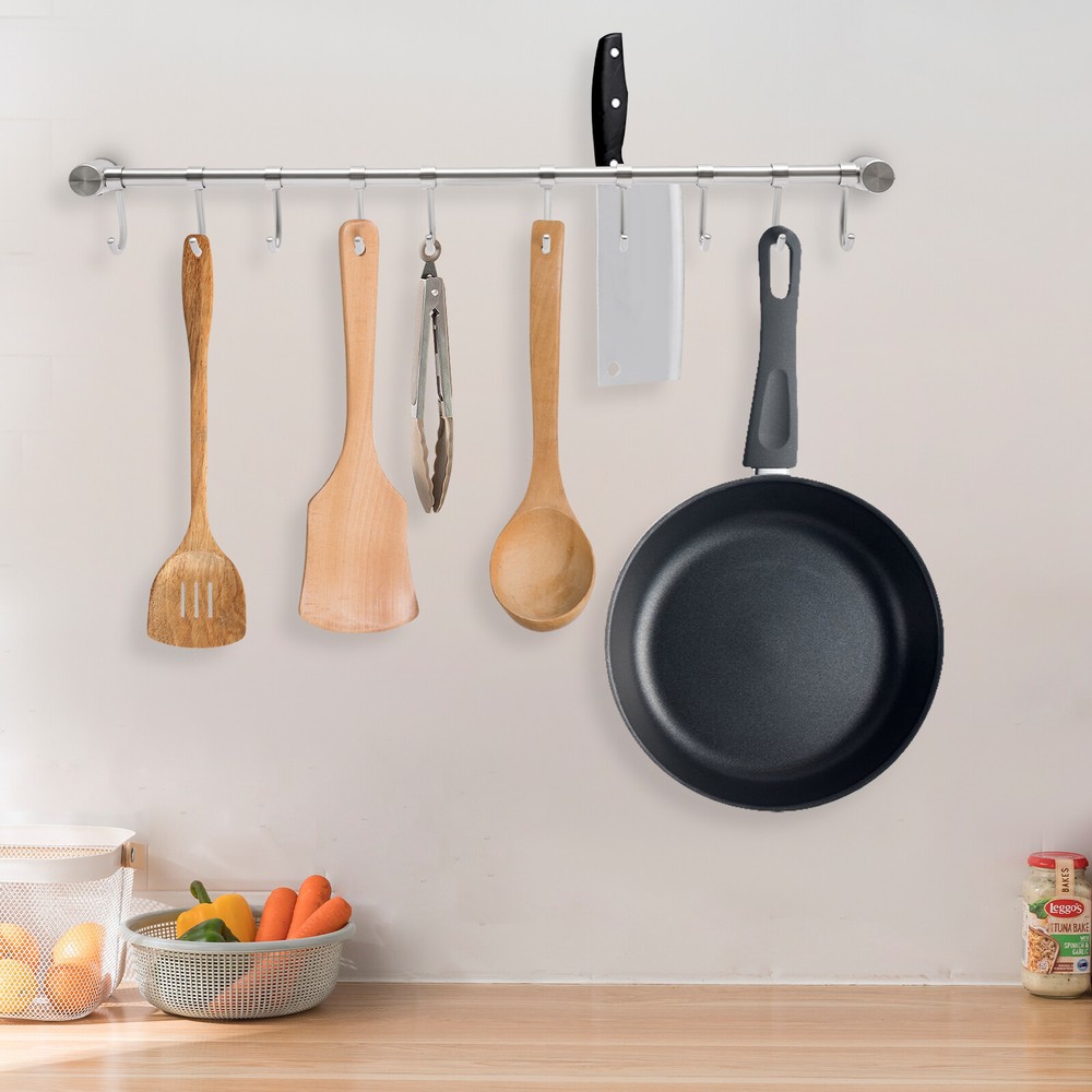 Utensil Rack 20" Inch Kitchen Hanger Wall Hanging Rail Rod w/ 10 Sliding Hooks
