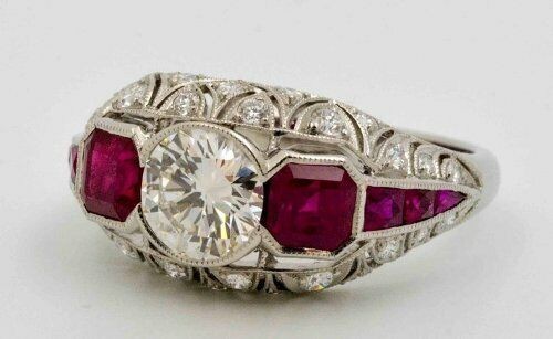 2.10 Ct Diamond & Ruby Art Deco Vintage Engagement Ring 925 Sterling Silver