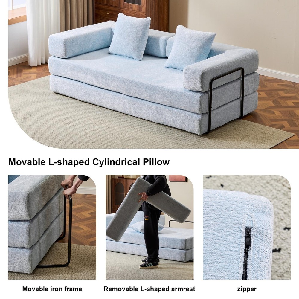 Light Blue Chenille Convertible Floor Sofa Bed W/ Pillow Armrest