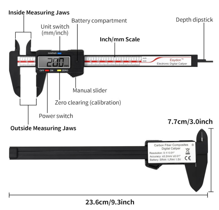 Esydon Digital Caliper 6Inch,Electronic Measuring Tool w LCD,Inch/mm Conversion