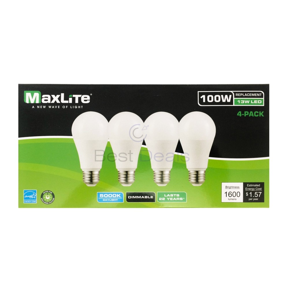 Maxlite Dimmable LED 13W Daylight Light Bulb A19 100W replacement 5000k- 16 PACK