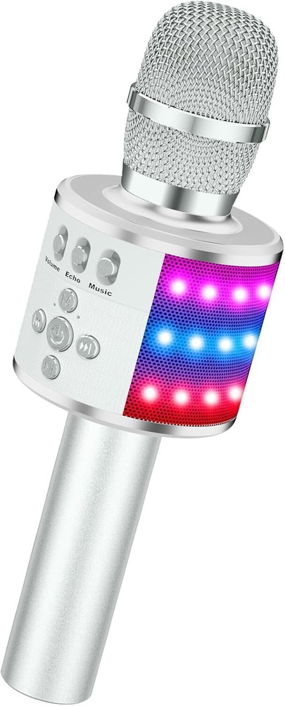 Compact Bluetooth Karaoke Microphone with Colorful LED Lights - Silver Edition