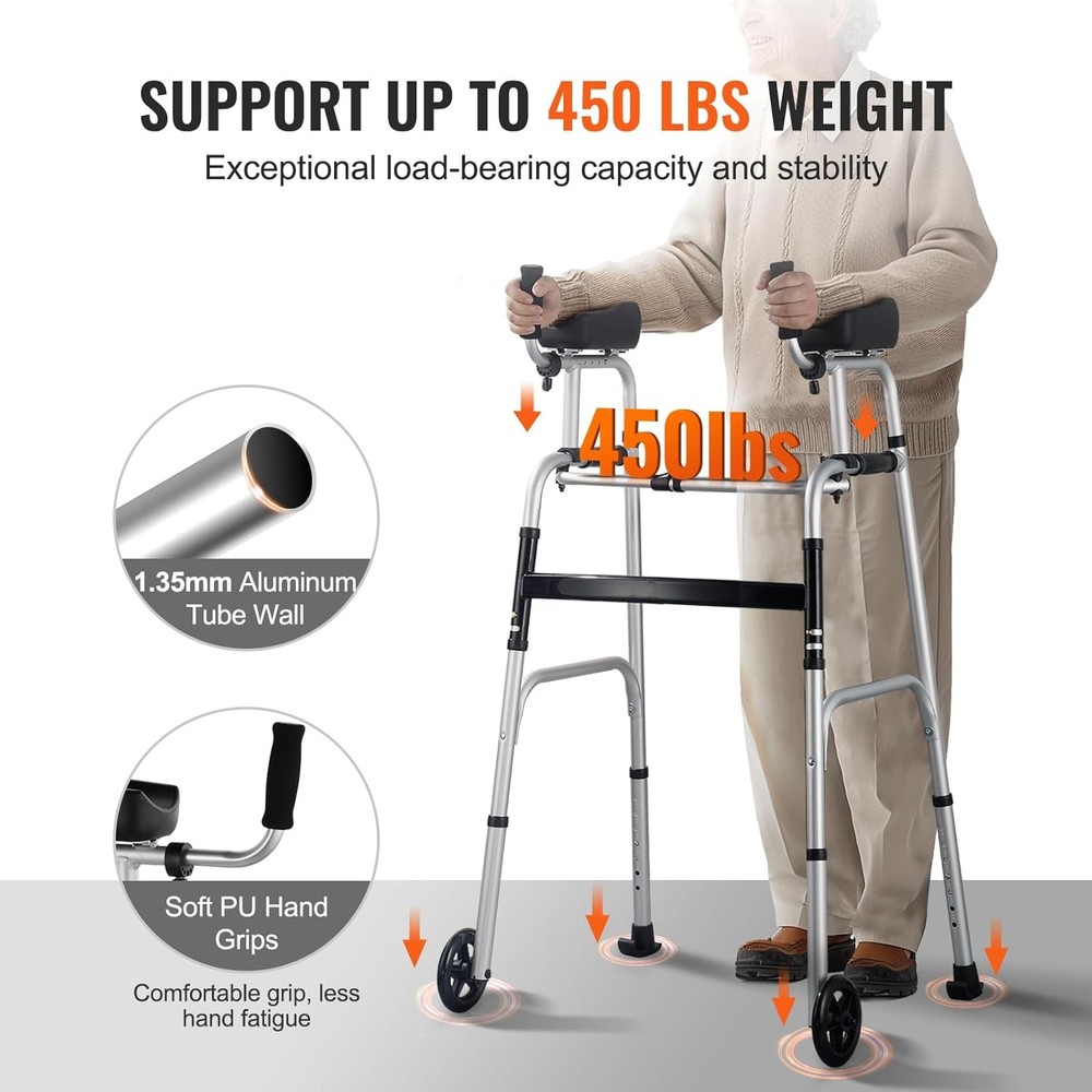 2 in 1 Folding Walker & Removable Armrests, Height Adjustable Foldable Wal