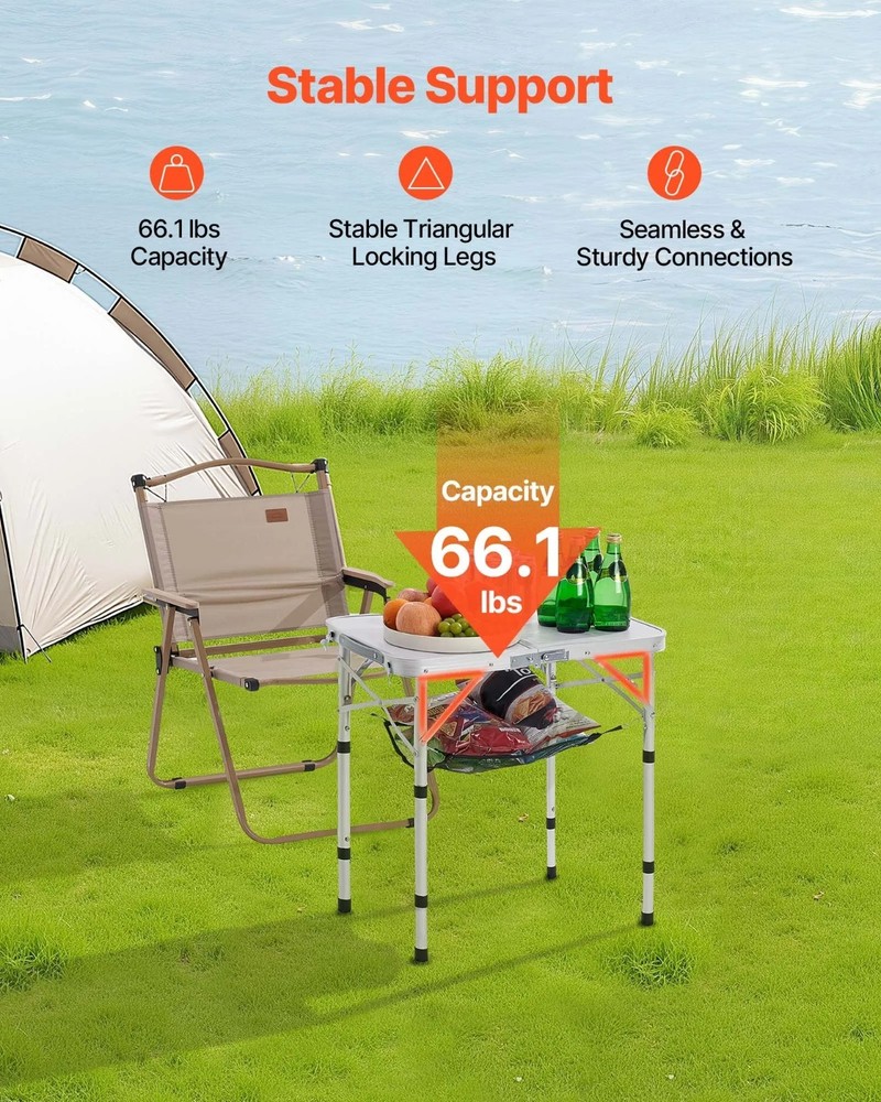 Folding Camping Table, Adjustable Height Portable Side Tables, Aluminum MDF