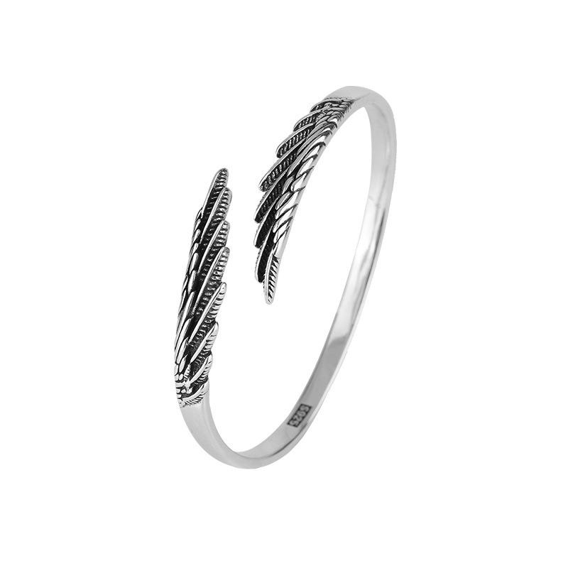 Bracelet Retro Thai Silver Feather Bangle 925 Sterling Silver Trendy Wing Open