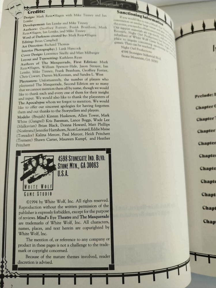 White Wolf Game Studio Mind's Eye Theatre The Masquerade 1994 Second Edition
