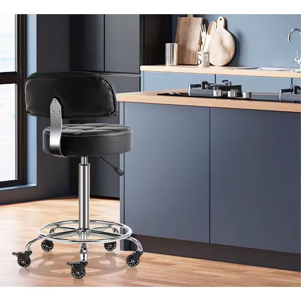 Lockable Adjustable Stool with Back Footrest Ergonomic Hydraulic Rolling, Black