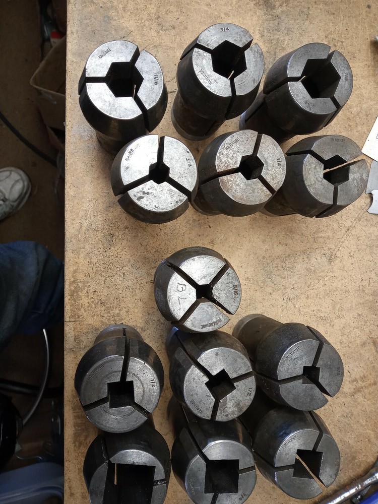 13 Hardinge collets, square, hex with chuck and ect NO THREADS (SEE DESCRIPTION)