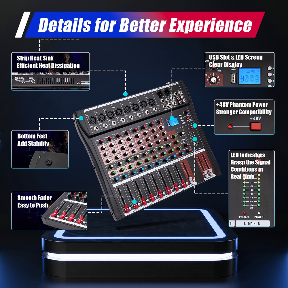 8 Channel USB Mixing Console Bluetooth Live Studio Audio DJ Sound Mixer Board