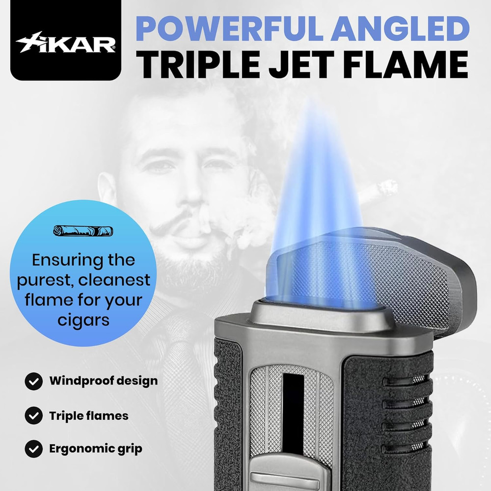 Tactical Triple-Jet Lighter - Powerful Flame, Adjustable, Pocket Clip, Black/Gun