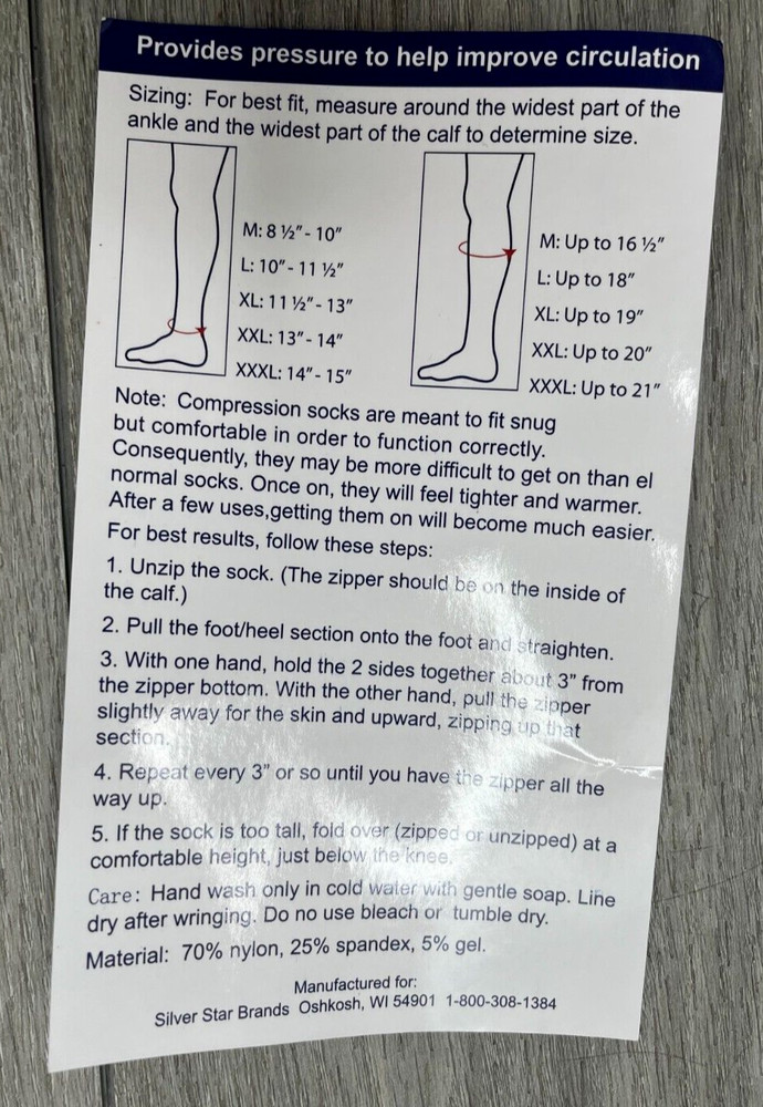 Silver Steps EZ Zip Open Toe Compression Socks 20-30mmHg, Beige Size M