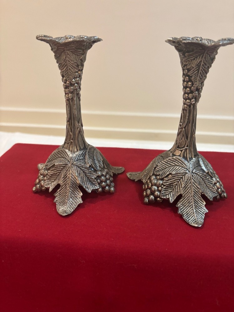 Vintage Candle Holders Silver Plated Grape and Leaf Motif Pattern