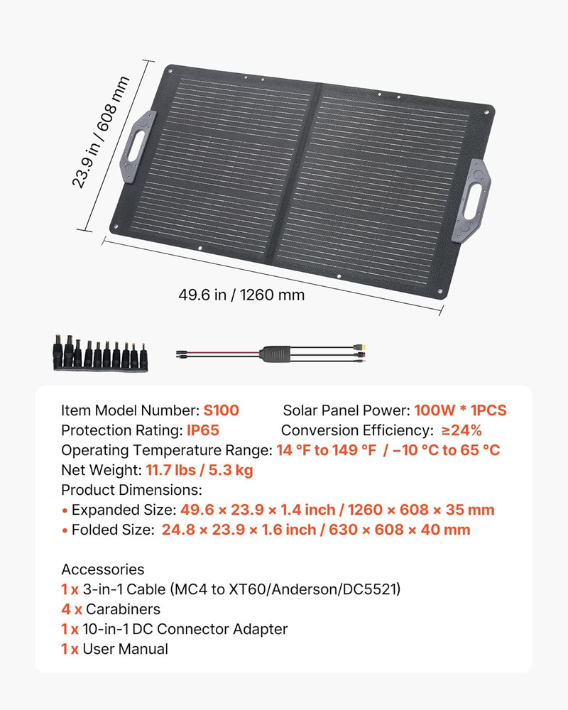 100W Foldable Solar Panel, 24% High-Efficiency Portable Monocrystalline Solar Pa