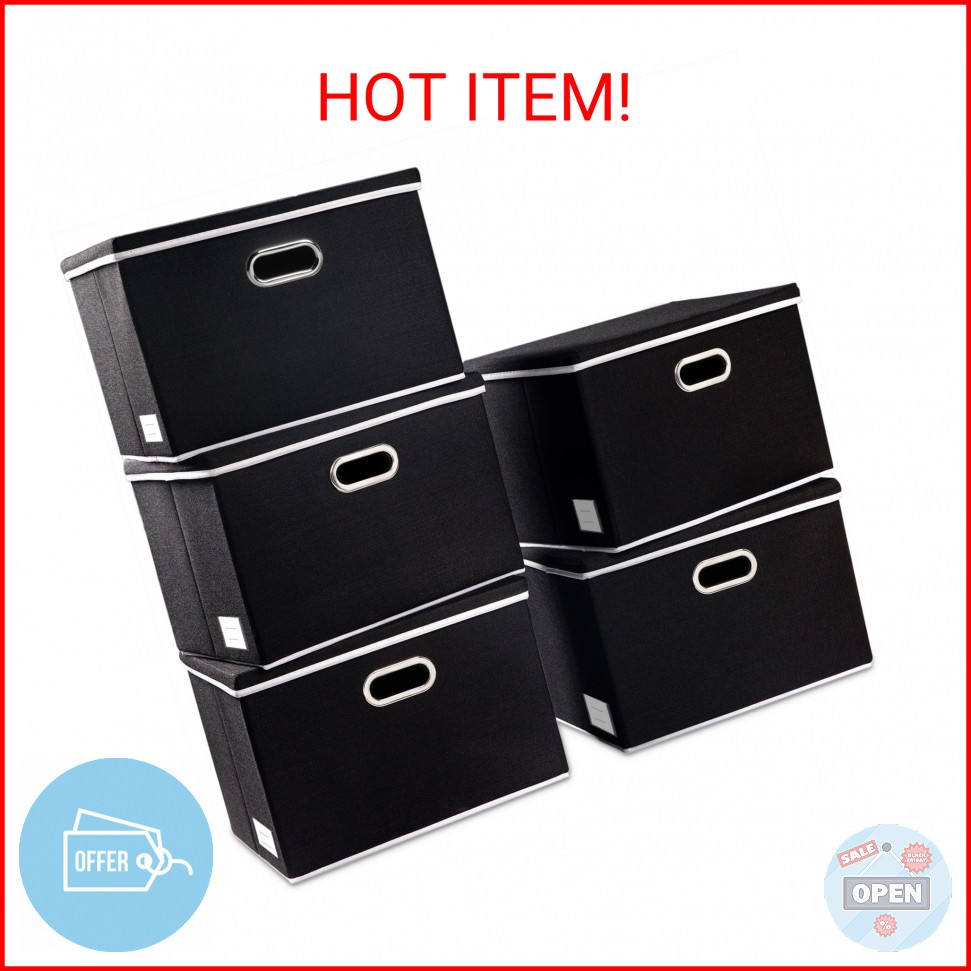 PRANDOM Foldable Storage Bin with Lid [5-Pack] Linen Fabric Decorative Storage B
