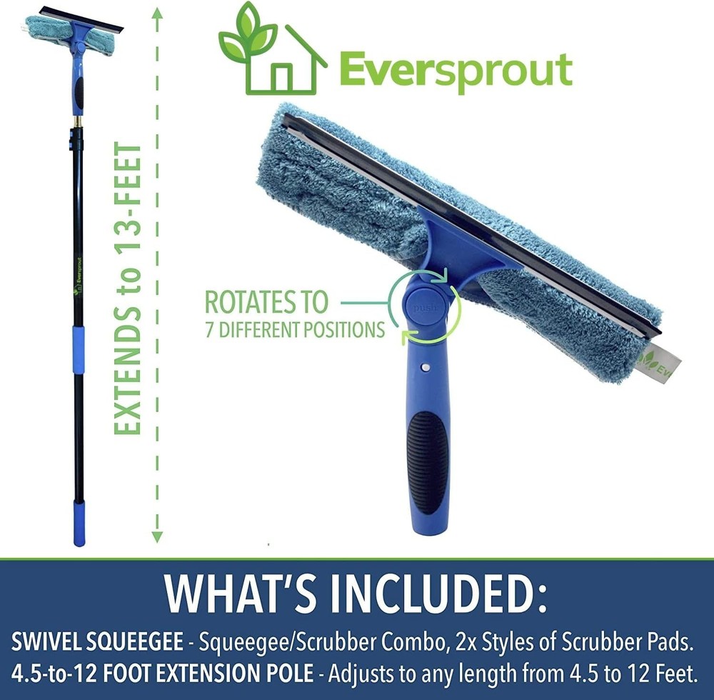 Extendable Window Scrubber & Squeegee Kit, 13ft , 7 Angles, Reusable Microfiber