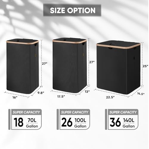 Laundry Hamper with Lid, Tall Laundry Baskets with Bamboo Pull 70 liters Black
