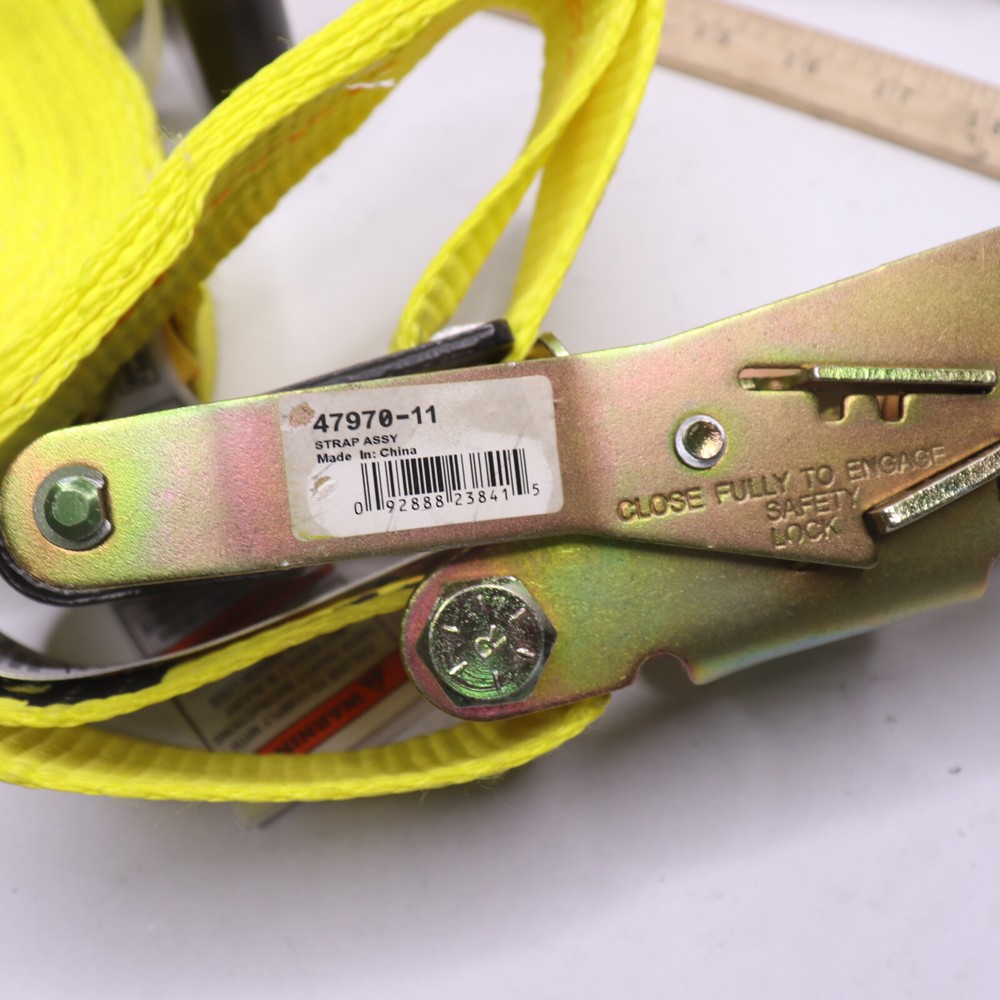 Ancra Ratchet Tie Down Strap Yellow Polyester w/ Flat Hooks & Short/Wide Handle
