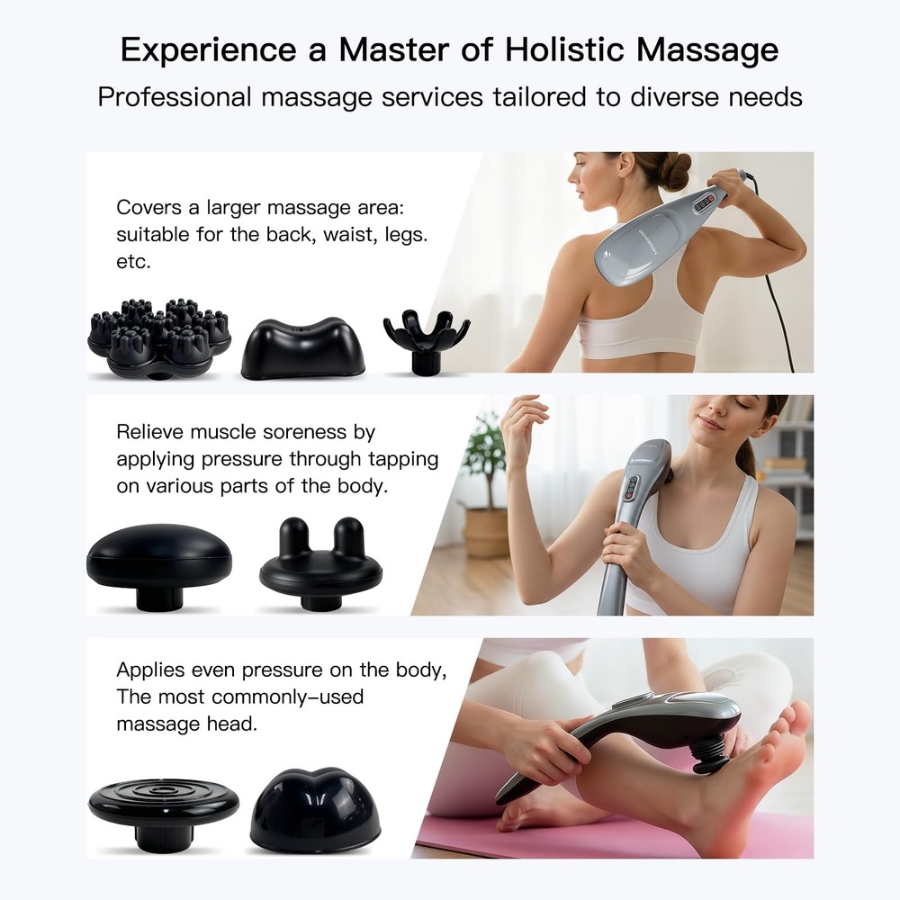 MEGAWISE Handheld Back Massager | Deep Tissue Percussion Massage Silver Grey