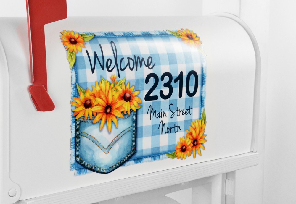 Mailbox Magnet Partial Cover Blue White Gingham Check Frayed Personalized