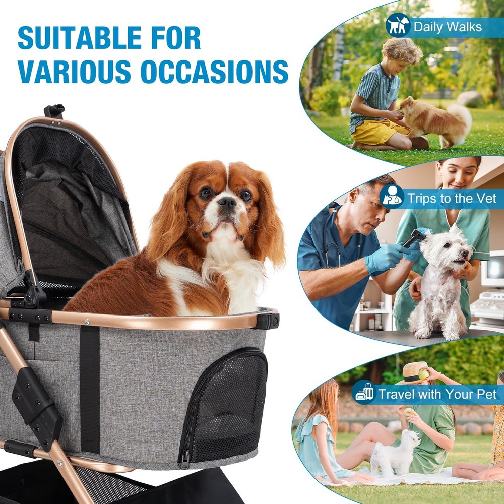 Pet Stroller for Small/Medium Dogs & Cats, No-Zip Foldable Dog Stroller with ...