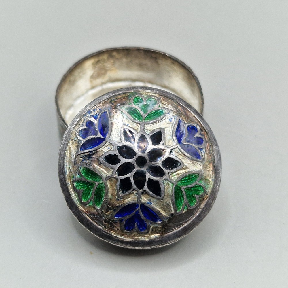 Vintage Sterling Silver & Enamel Pill Box