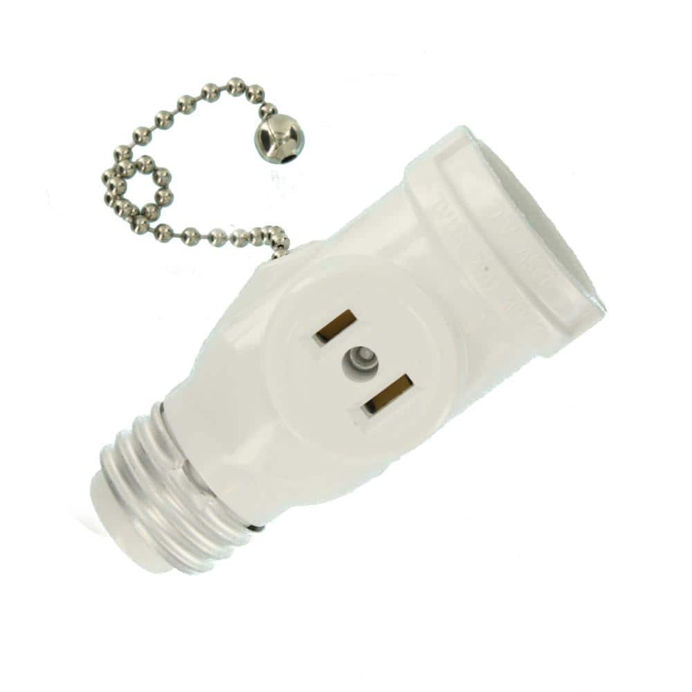 2-Outlet White Socket with Pull Chain – Durable Light Socket Adapter 1406-W