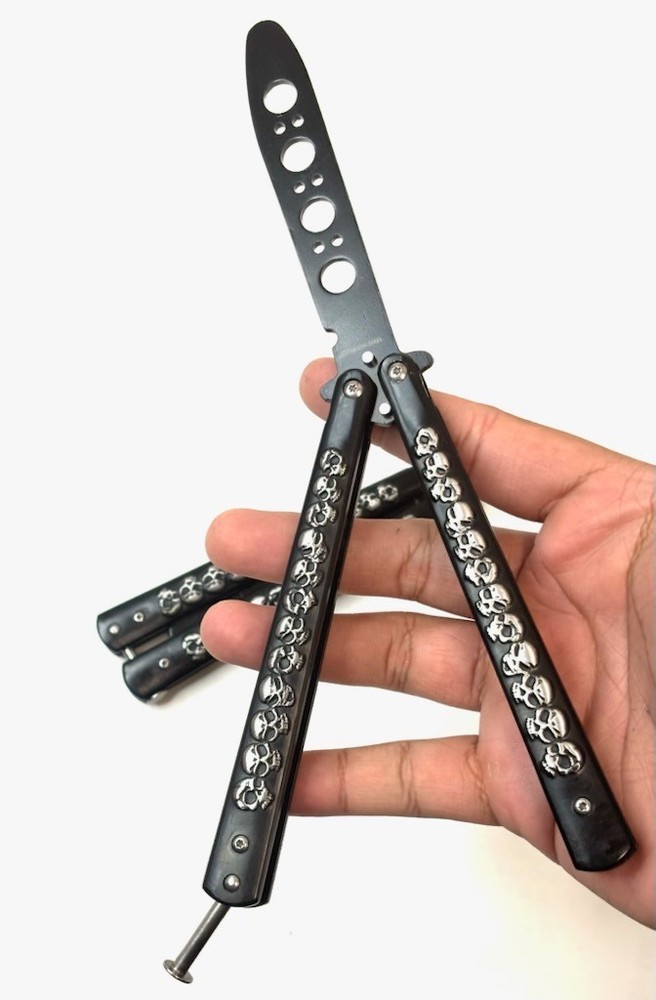SILVER Skull High Quality Practice METAL Trainer Blade BUTTERFLY HANDLE