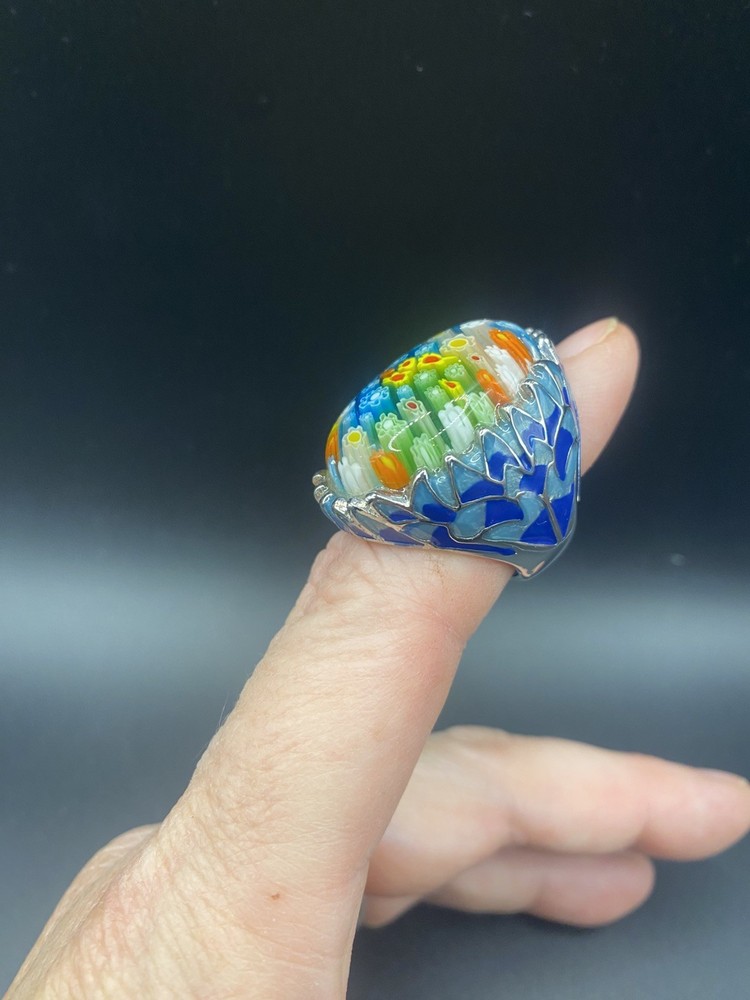 Dome Ring Enamel Millefiori flower statement size 7.5 bold funky chunky solid