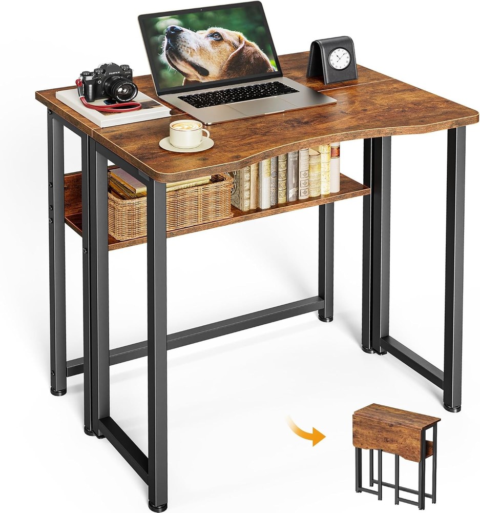 Folding Desk W/ Storage Shelf 23.6 Inch Foldable Computer Table Small Spaces