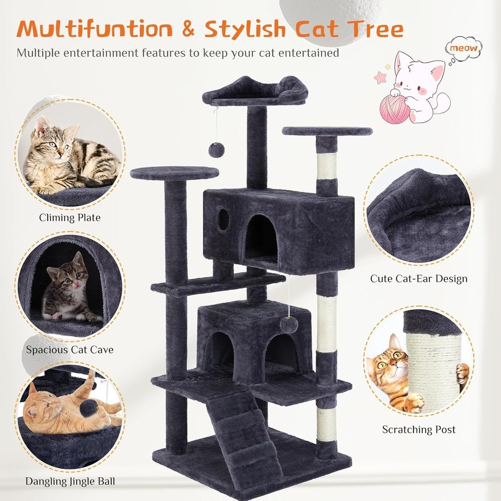 Gray Multi-Level Indoor Cat Tree Tower - 54" Activity Climbing House