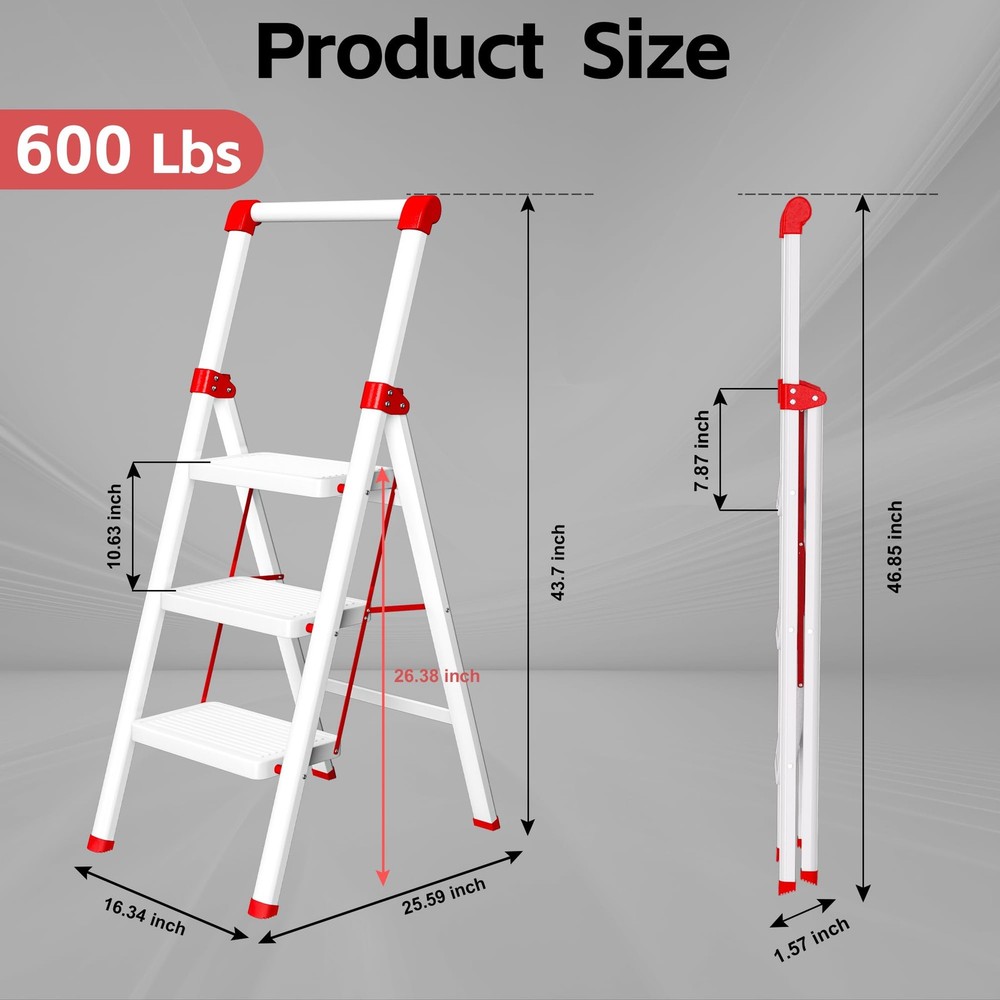DIAMONDFORGE 3 Step Ladder with Handle, Foldable 3 Step, Ivory White