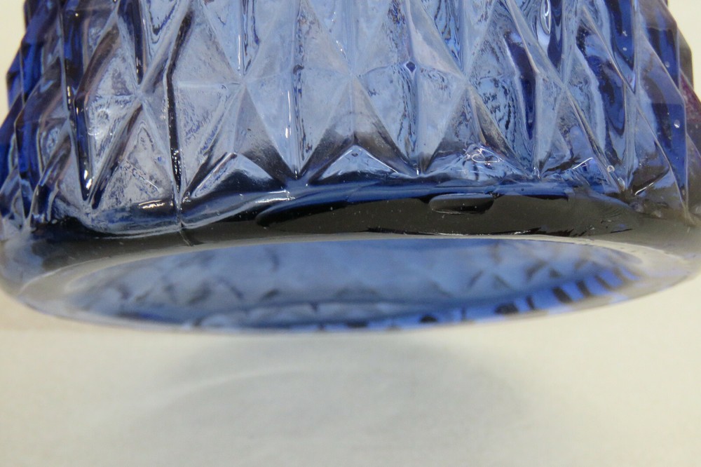 Diamond Point Pattern Blue Glass Pitcher Decanter Formed Spout Vase 2029B