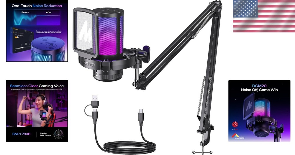 USB Gaming Microphone, Mute, Gain Control, RGB, Plug & Play