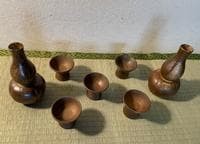 Bizen ware sake set, 2 sake bottles, 5 choko cups, same box