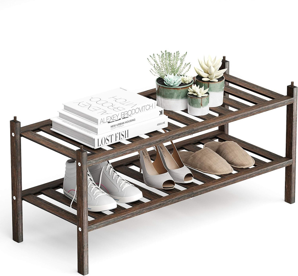 Bamboo 2-Tier Shoe Rack Stackable Shelf Storage Organizer for Entryway, Hallway