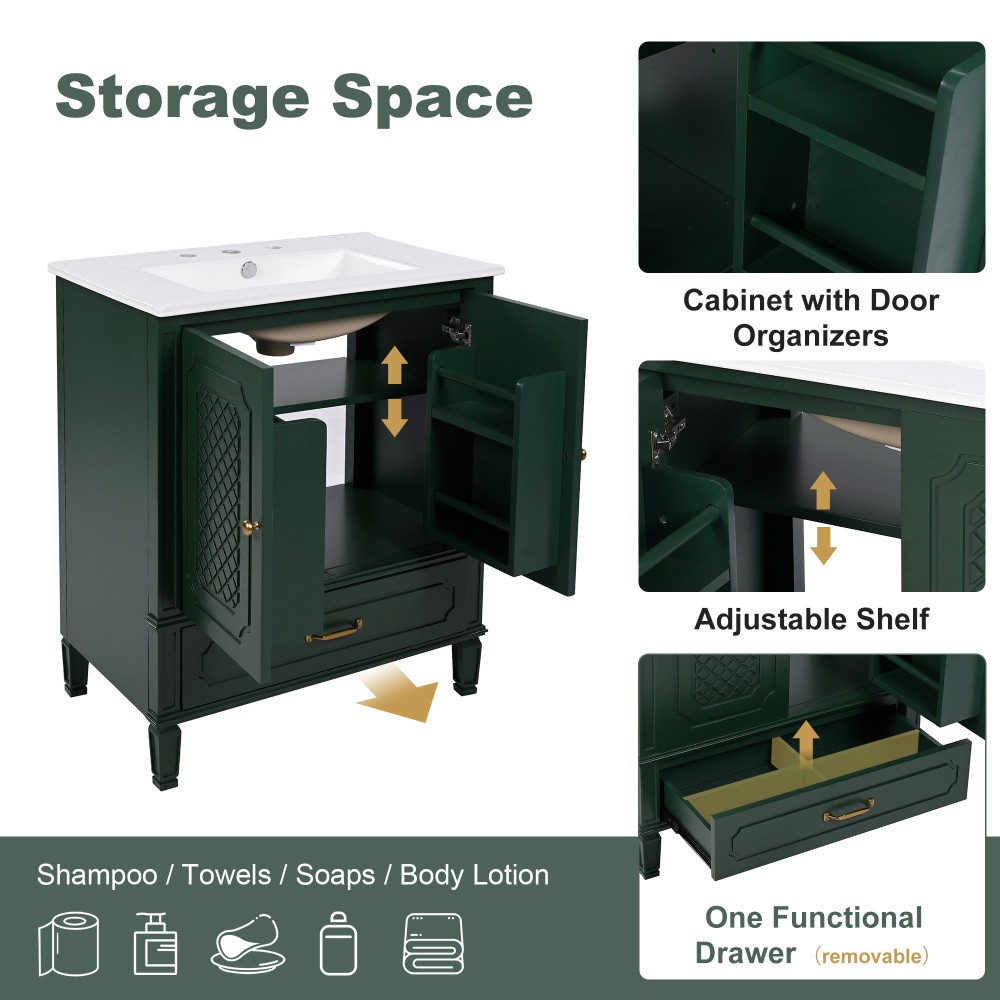30" Bathroom Vanity with Sink Vintage Style, Multi-functional Storage Space
