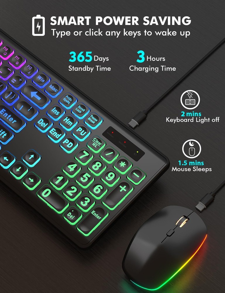 Wireless Keyboard and Mouse Combo - Large Print, RGB Backlit, Oversize Light ...