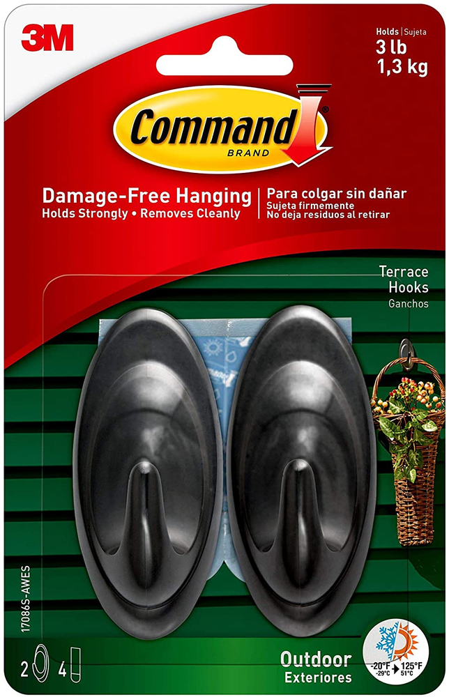 Command Outdoor Medium Terrace Hooks Black 3 lb Capacity Water-Resistant Stri...