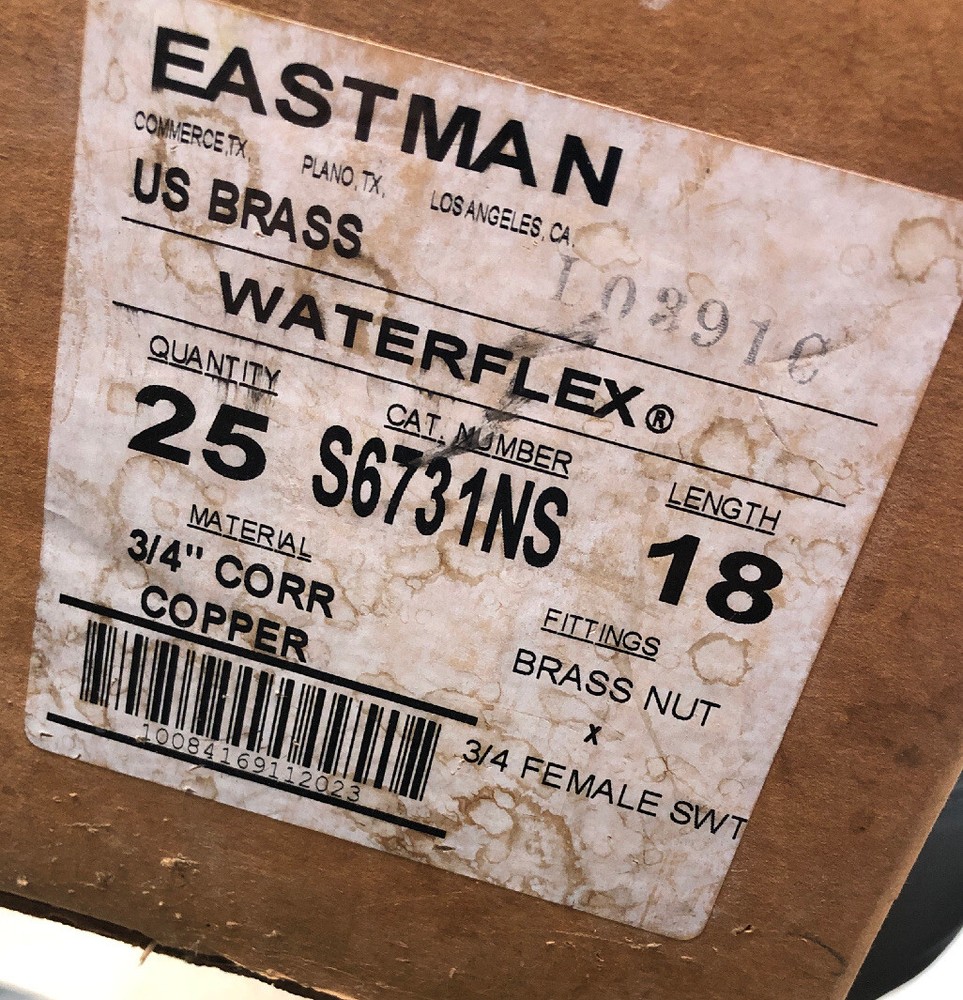 NOS Eastman Waterflex 18'' 3/4 FIP - 3/4 Sweat Cooper- water only 3501171.