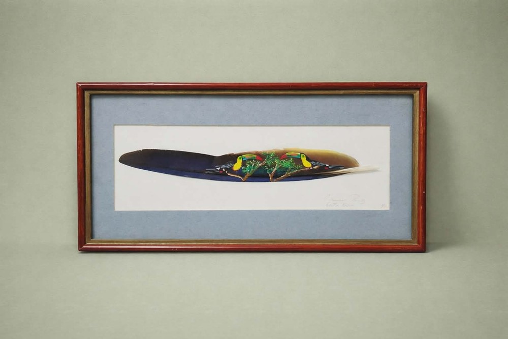 Handpainted Framed Feathers Art Parrots Birds Signed