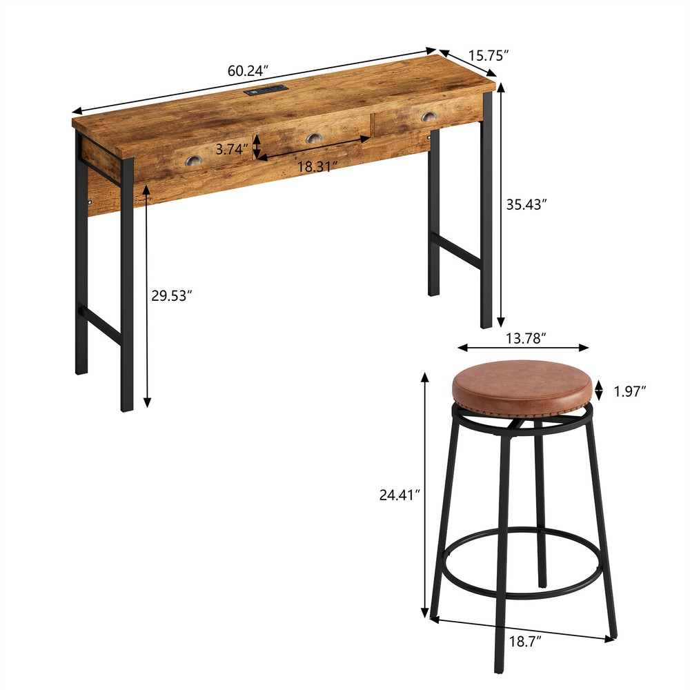 4 Piece Bar Table Set Counter Height Kitchen Pub Table with 3 Bar Stools