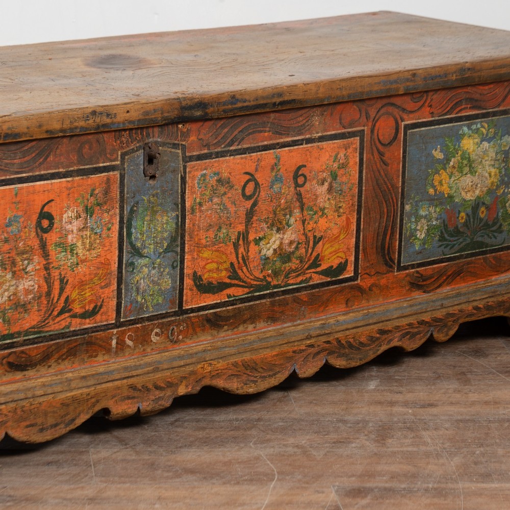 Long Narrow Hand Painted Pine Trunk Bench, Dated 1889