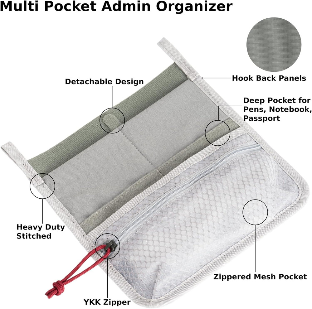 Multi Pocket Admin Organizer for Backpack, Hook and Loop Pouch Mesh Zipper Pouch