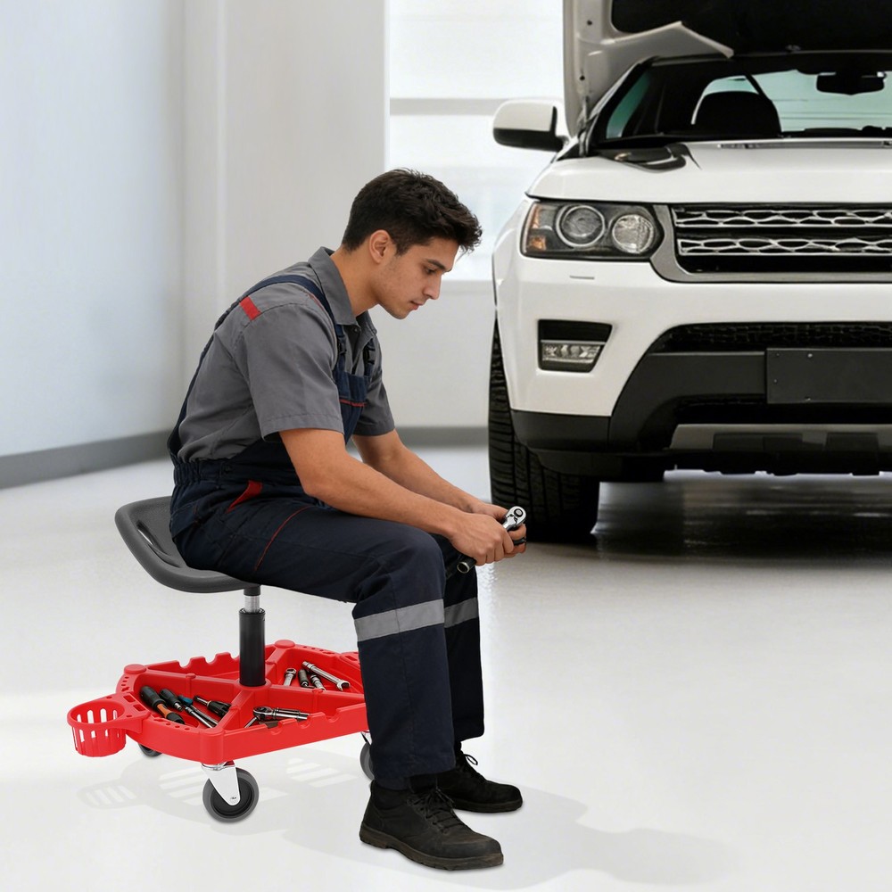 Sturdy Rolling Garage Stool with Backrest & Tool Tray - 330lbs Capacity